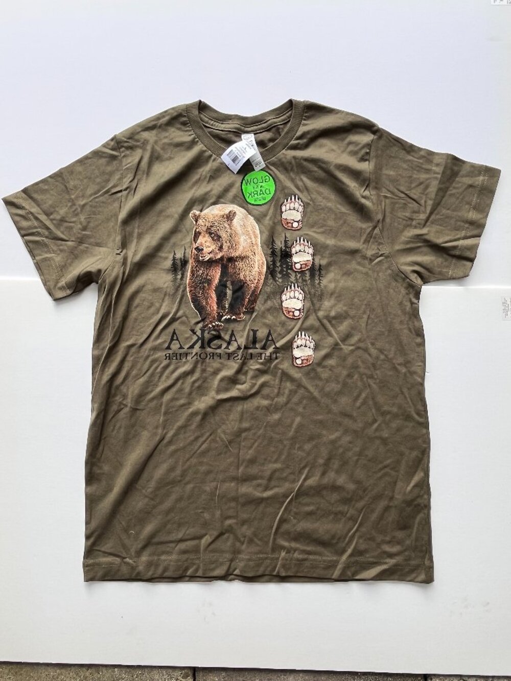Glow in the Dark Grizzly Bear Shirt Dark Khaki Green Youth L